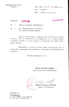 [Oficio Ord. N° 607 de Jefe de Gabinete Presidencial, remite copia de carta que se indica]