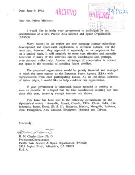 [Carta del Coordinador del Pacific Asia Science & Space Organization]