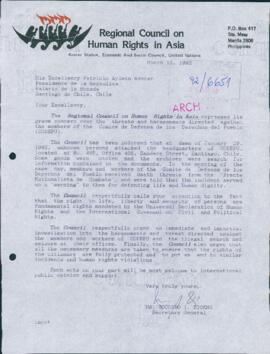 [Carta del Regional Council on Human Rights in Asia dirigida al Presidente Patricio Aylwin]