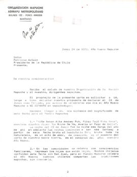 [Carta de la Organización Mapuche ADMAPU Metropolitano dirigido al Presidente Patricio Aylwin]