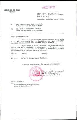 [Carta de Jefe de Gabinete de la Presidencia a Subsecretario de Agricultura]