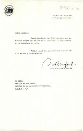 [Carta del Presidente Aylwin al Senador de la República de Venezuela, agradeciendo felicitación por asunción al mandato].