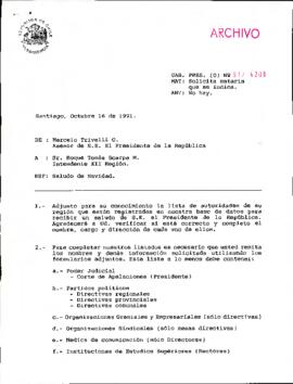 [Oficio del Asesor Presidencial dirigido al Intendente XII Región, Sr. Roque Tomás Scarpa, refere...