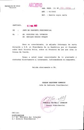 [Oficio  Gab. Pres. Ord. N° 0959 de Jefe de Gabinete Presidencial, remite copia de carta que se indica]