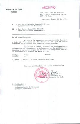 [Carta del Jefe de Gabinete de la Presidencia a Subsecretario de Economía]