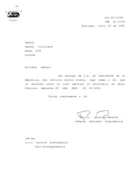 Carta remitida al Ministerio de Obras Públicas, mediante Of. GAB. PRES. (O) 91/2284.