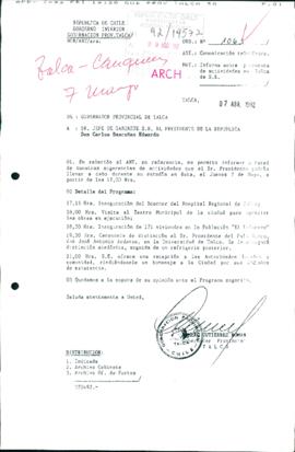 [Oficio Ord. N° 1063 de Gobernador de Talca, informa propuesta de actividades de visita presidencial]