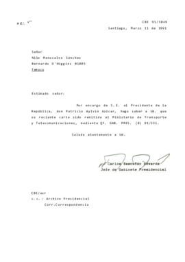 [Carta de respuesta por remisión de correspondencia enviada al Presidente, redirigiéndola al Ministerio de Transporte y Telecomunicaciones ]