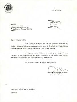 [Carta de respuesta del Jefe de Gabinete Presidencial al Sindicato de Trabajadores Independientes de Renca]