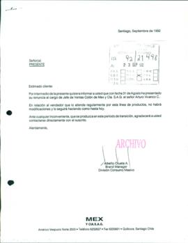 [Informe sobre renuncia del Jefe de Ventas Coló de Mex y Cía. S.A.G.]