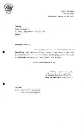 [Informa que carta fue remitida a MINVU, mediante, Of. GAB. PRES. (0) 91/834]