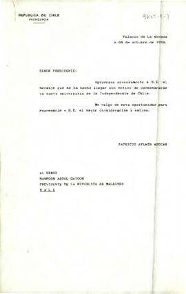 [Carta de S.E El Presidente de la República a Presidente de la República de Maldives ]
