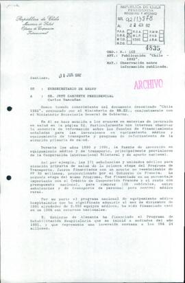 [Oficio del Subsecretario de Salud dirigido al Jefe de Gabinete Presidencial, referente a publicación "Chile 1992"]