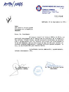 [Carta de agradecimiento del Consejo General del Colegio Médico de Chile al Presidente por sus palabras en el funeral del Ex-Presidente de la República, don Salvador Allende Gossen]