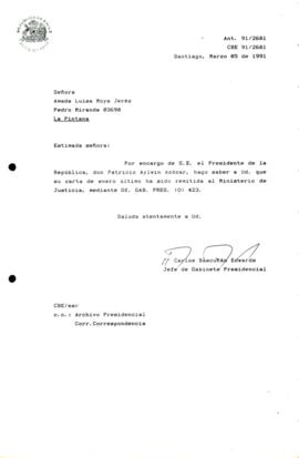 [Carta de respuesta por remisión de correspondencia enviada al Presidente, redirigiéndola al Ministerio de Justicia mediante Df. GAB. PRES. (O) 423]
