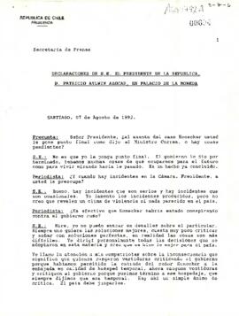 Declaraciones de S.E El Presidente de la República. D. Patricio Aylwin Azócar, en Palacio de la Moneda