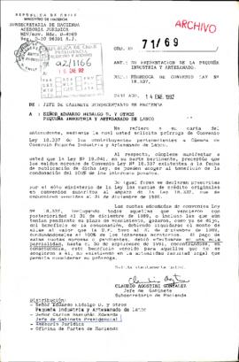 [Carta del Jefe de Gabinete del Subsecretario de Hacienda referente a solicitud prórroga de Convenio Ley 18.337 de los contribuyentes pertenecientes a Cámara de Comercio Pequeña Industria y Artesanado de Lanco]