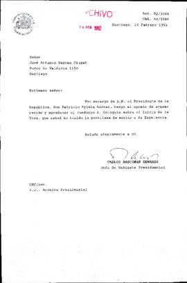 [Carta de agradecimiento del Jefe de Gabinete Presidencial dirigida a particular, por el envío del cuaderno Coloquio sobre el Inicio de la Vida]