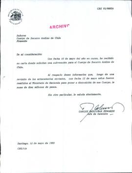 [Respuesta del Jefe de Gabinete de la Presidencia a Solicitud de Subvención para el Cuerpo de Socorro Andino de Chile]