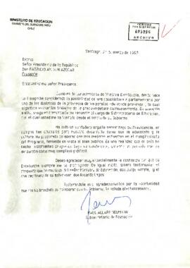 [Carta de Subsecretario de Educación dirigida a S.E Presidente Patricio Aylwin]