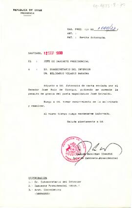 [Remite fotocopia de carta enviada por el Senador José Ruiz de Giorgio, pidiendo se aumente la pensión de gracia del poeta magallánico José Grimaldi].