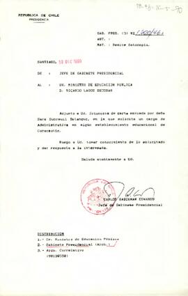 [Carta del Jefe de Gabinete Presidencial a Ministro de Educación, Ricardo Lagos]