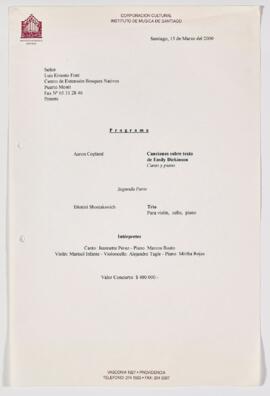 Carta del Instituto de Música al centro de Extensión Bosques Nativos, presentando programa musical