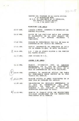 Resumen del programa de la visita oficial a la Federación Rusa de S.E El Presidente de la República, Don Patricio Aylwin Azocar (2 al 5 de junio de 1993).