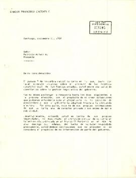 [Carta de Carlos Francisco Cáceres en respuesta a carta relativa a proyecto de ley orgánica constitucional de las Fuerzas Armadas]