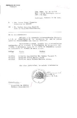 [Oficio  Gab. Pres. Ord. N° 0798 de Jefe de Gabinete Presidencial, remite copia de carta que se indica]
