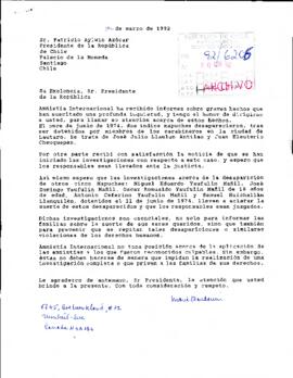 [Carta de opinión dirigida al Presidente Patricio Aylwin, referente a caso de mapuches detenidos desaparecidos]