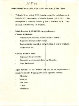 Inversiones en la Provincia de Melipilla 1990-1993