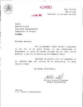 [Mensaje del Asesor Presidencial dirigido al Embajador Representante Permanente en Ginebra, Sr. E...