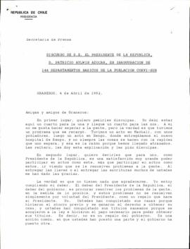 Discurso de S.E. el presidente de la República, don Patricio Aylwin Azócar, en inauguración de 144 departamentos básicos de la población Corvi Sur