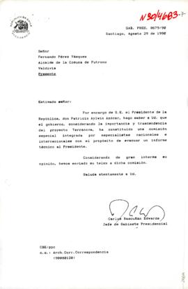 [Carta informando al Alcalde de la Comuna de Futrunola consideración del Presidente respecto el "Proyecto Terranova"].