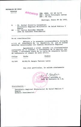 [Carta de Jefe de Gabinete de la Presidencia a SEREMI de Salud V Región]