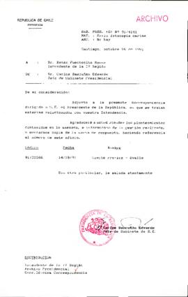 [Oficio del Jefe de Gabinete Presidencial dirigido al Intendente de la IV Región, Sr. Renán Fuent...