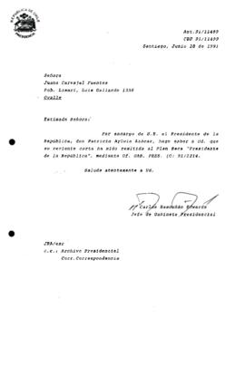 [Informa que carta fue remitida a Plan Beca "Presidente de la República",  mediante Of. GAB. PRES. (O) 91/2214]