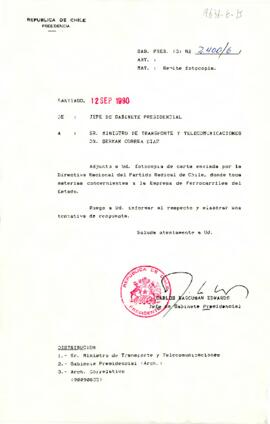 [Se remite carta de Directiva Nacional del Partido Radical de Chile a  Ministro de Transporte y Telecomunicaciones]