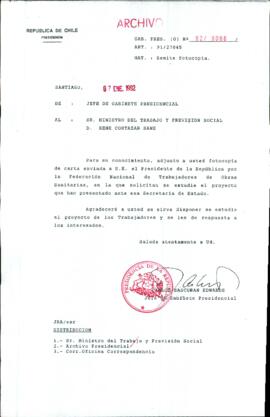 [Carta de Jefe de Gabinete de la Presidencia a Ministro de Trabajo y Previsión Social]