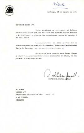 [Carta del Presidente Aylwin al Presidente de la Sociedad Israelí, rechazando invitación a Solemne Servicio Religioso].