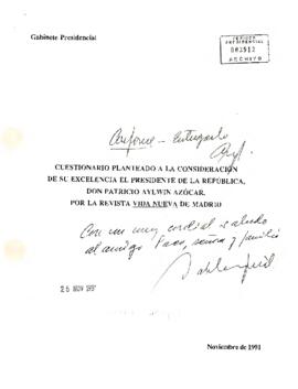 Cuestionario planteado a la consideración de su excelencia el Presidente de la República, Don Patricio Aylwin Azócar, por la revista Vida Nueva de Madrid.
