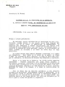 Discurso de S.E el presidente de la república, D. Patricio Aylwin Azócar en inaguración de población Bonilla, para damnificados de 1991