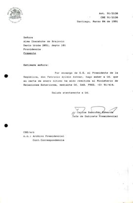[Carta de respuesta del Jefe de Gabinete Presidencial sobre correspondencia remitida al Ministerio de Relaciones Exteriores]