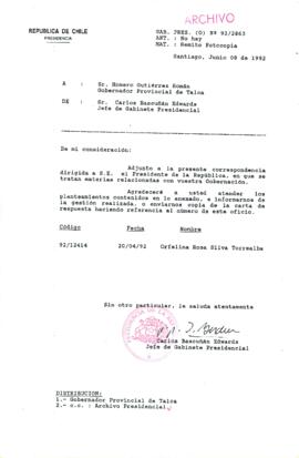 [Carta del Jefe de Gabinete de la Presidencia a Gobernador Provincial de Talca]