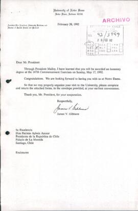 [Carta de la University of Notre Dame dirigida al Presidente Patricio Aylwin]
