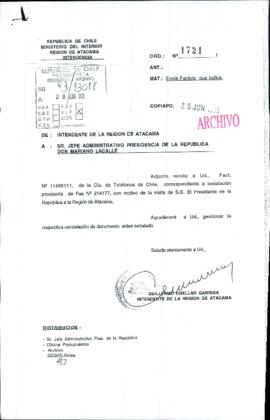 [Oficio del Intendente de la Región de Atacama dirigido al Jefe Administrativo de la Presidencia,...