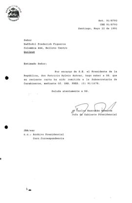 Carta remitida a la Subsecretaría de Carabineros, mediante Of. G A B . P R E S . (0) 91/1678.