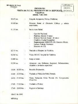Programa visita de S.E El Presidente de la República Valdivia abril 7 de 1993