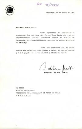[Carta del Presidente Aylwin al Presidente de la Federación de de tenis de Chile, rechazando invitación para asistir los partidos del Torneo Copa Davis].